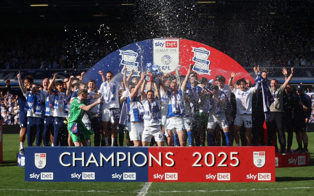 Birmingham City celebrating their League One championship victory in 2025.