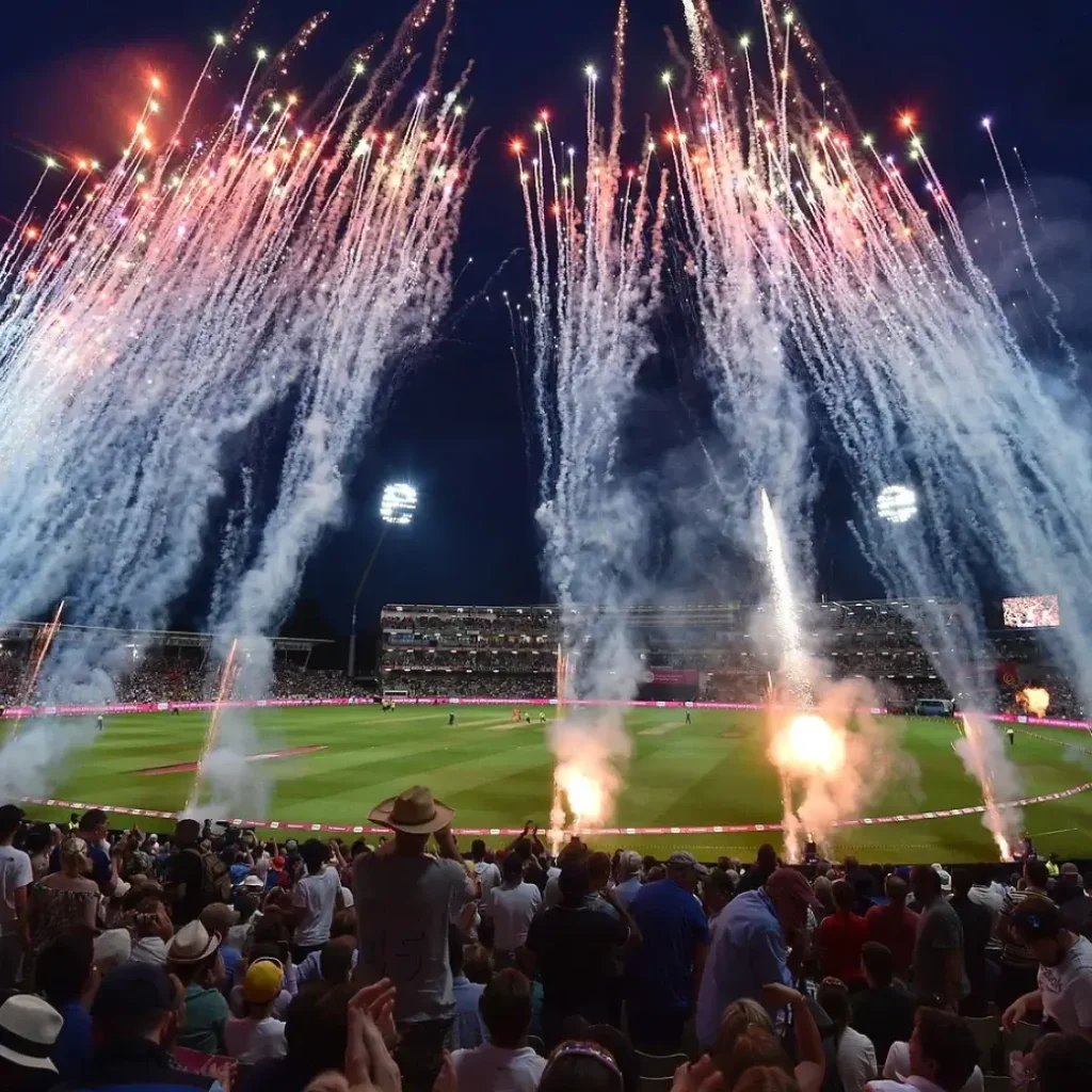 Spectacular fireworks display at a cricket match