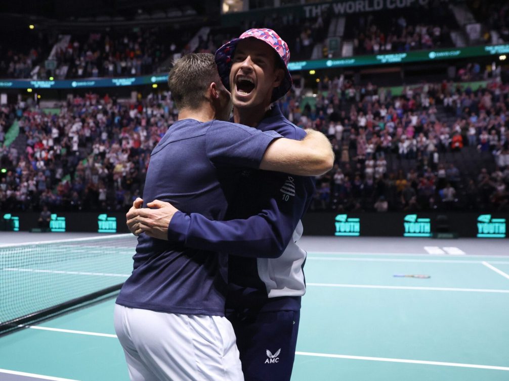 MANCHESTER, ENGLAND - SEPTEMBER 17: Andy Murray celebrates with Neal Skupski of Great Britain after victory against Nicolas Mahut and Edouard Roger-Vasselin of France during the Great Britain v France Davis Cup Finals Group Stage Match 3, on Day 6 at AO Arena on September 17, 2023 in Manchester, England. (Photo by Nathan Stirk/Getty Images for LTA)