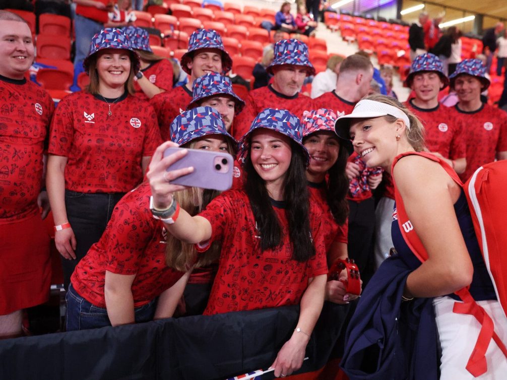 THE HAGUE, NETHERLANDS - APRIL 11: Katie Boulter of Great Britain poses for a photo with fans following victory against Tatjana Maria of Germany in the Women's Singles match during the Billie Jean King Cup Group F Qualifier tie between Great Britain and Germany at Sportcampus Zuiderpark on April 11, 2025 in The Hague, Netherlands. (Photo by Nathan Stirk/Getty Images for LTA)