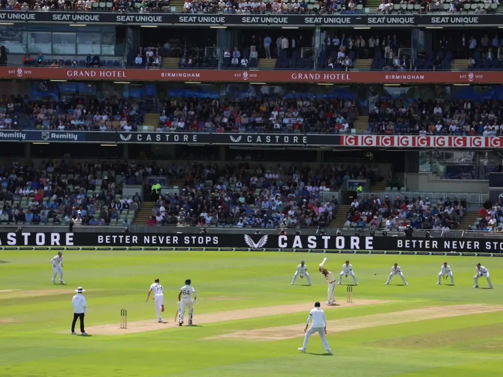 The Castore branding prominently displayed at a cricket match in Birmingham.