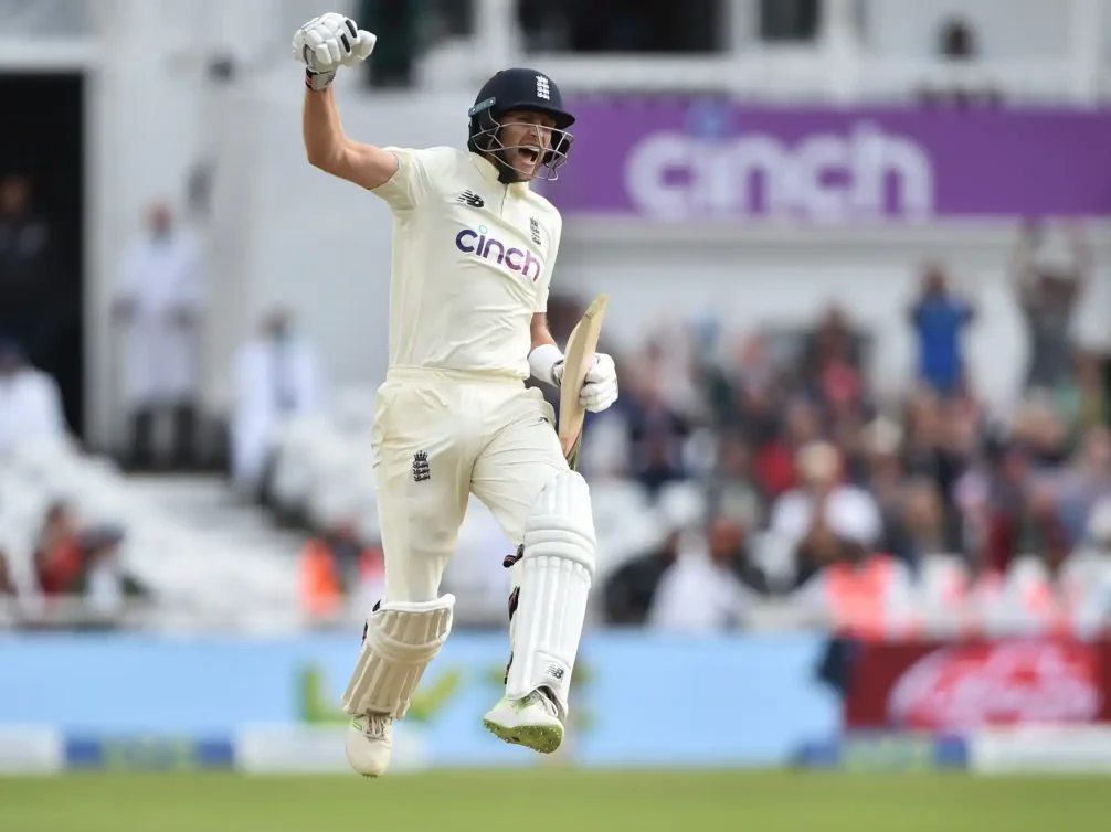 Joyful moment of a cricket player after scoring runs.