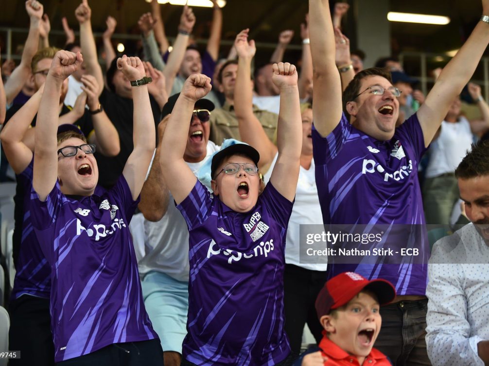 Fans wearing purple jerseys express their excitement at a cricket match, showcasing team spirit.