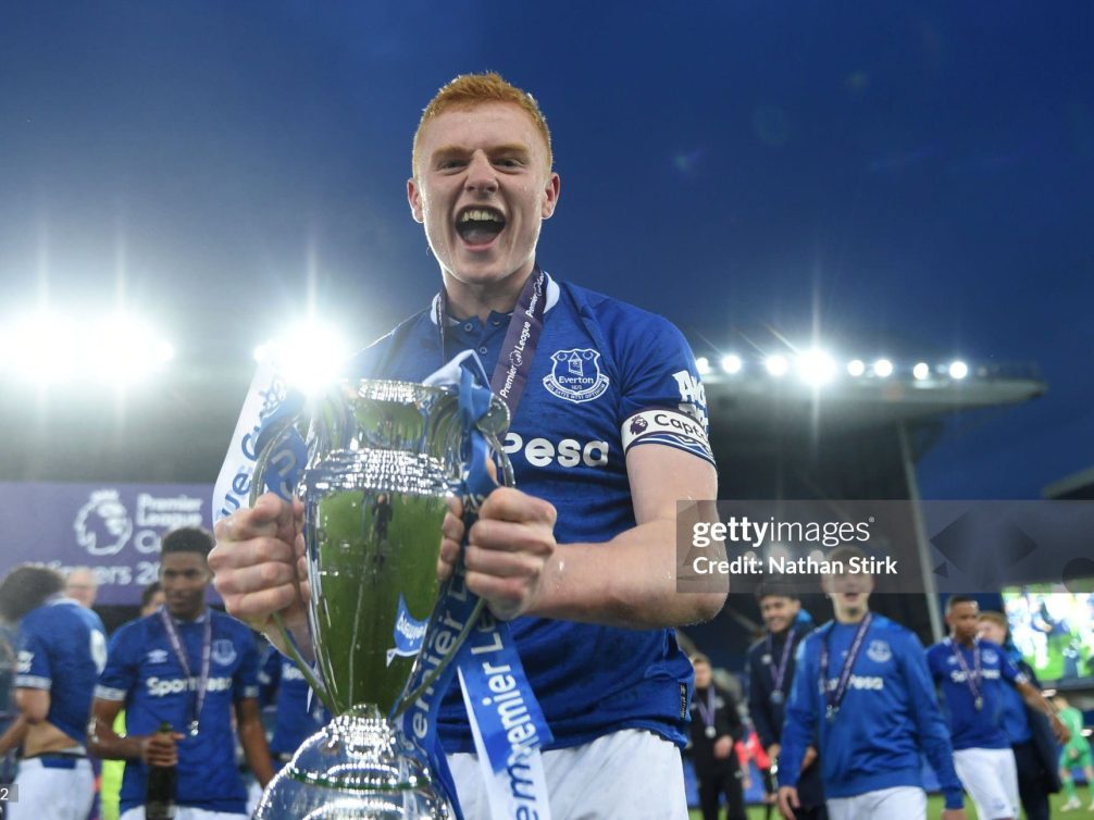 LIVERPOOL, ENGLAND - MAY 08:  Morgan Feeney of Everton celebrates after they win the Premier League Cup Final match between Everton and Newcastle United at Goodison Park on May 08, 2019 in Liverpool, England. (Photo by Nathan Stirk/Getty Images)