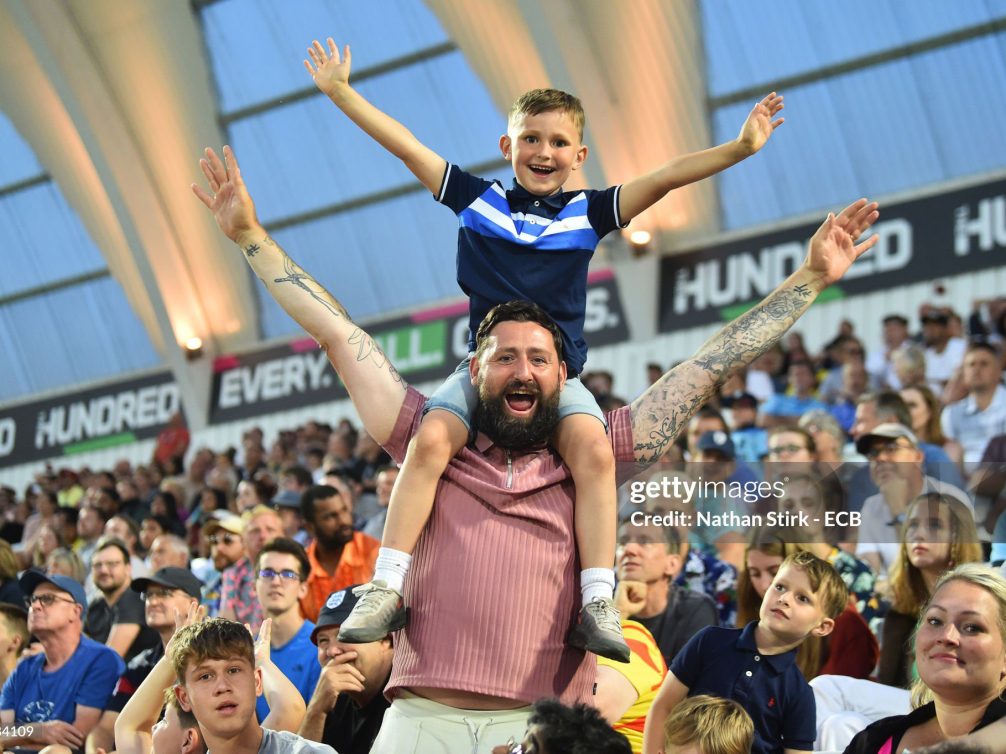 NOTTINGHAM, ENGLAND - JULY 26: Fans enjoy the atmosphere during The Hundred match between Trent Rockets and Northern Superchargers at Trent Bridge on July 26, 2021 in Nottingham, England. (Photo by Nathan Stirk - ECB/ECB via Getty Images)