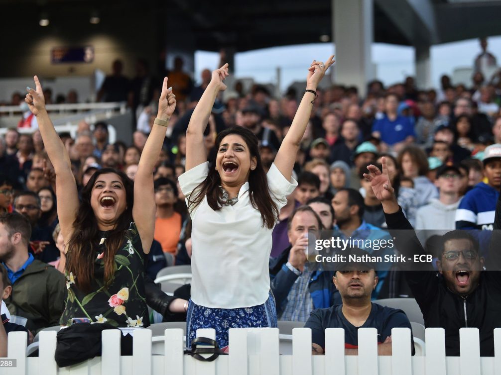LONDON, ENGLAND - AUGUST 21: Fans react in the crowd during The Hundred Final match between Birmingham Phoenix Men and Southern Brave Men at Lord's Cricket Ground on August 21, 2021 in London, England. (Photo by Nathan Stirk - ECB/ECB via Getty Images)