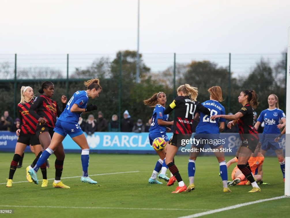 LIVERPOOL, ENGLAND - NOVEMBER 19: Rikke Sevecke of Everton score their first goal during the FA Women's Super League match between Everton FC and Manchester City at Walton Hall Park on November 19, 2022 in Liverpool, England. (Photo by Nathan Stirk/Getty Images)