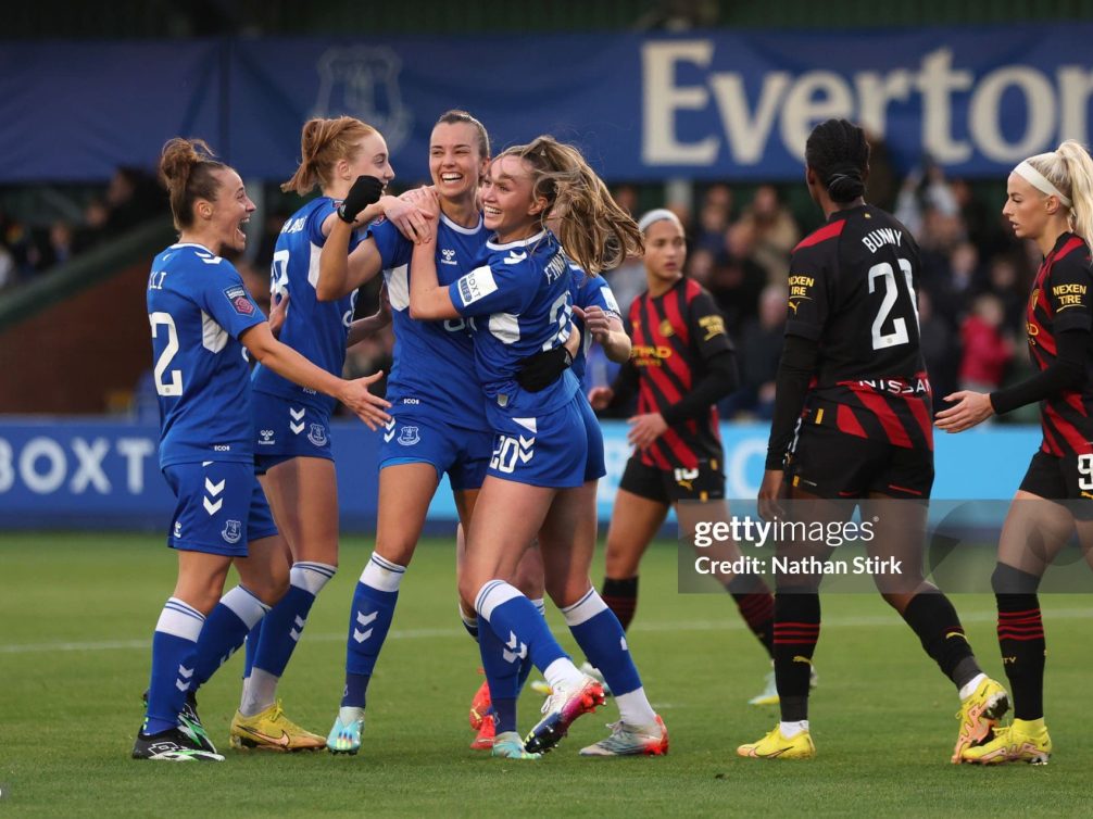 LIVERPOOL, ENGLAND - NOVEMBER 19: Rikke Sevecke of Everton celebrates after she scores their first goal during the FA Women's Super League match between Everton FC and Manchester City at Walton Hall Park on November 19, 2022 in Liverpool, England. (Photo by Nathan Stirk/Getty Images)