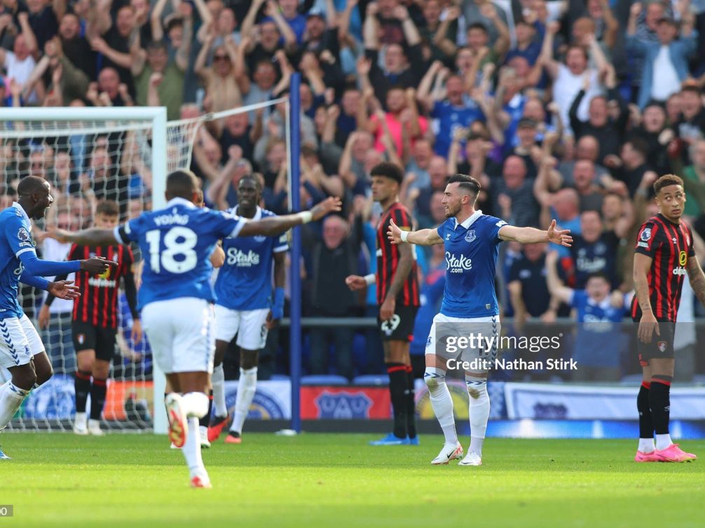LIVERPOOL, ENGLAND - OCTOBER 07: Jack Harrison of Everton celebrates with teammates after scoring the team's second goal as Ryan Fredericks of AFC Bournemouth looks dejected during the Premier League match between Everton FC and AFC Bournemouth at Goodison Park on October 07, 2023 in Liverpool, England. (Photo by Nathan Stirk/Getty Images)
